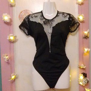 Black Floral Lace (L) Plunge Bodysuit